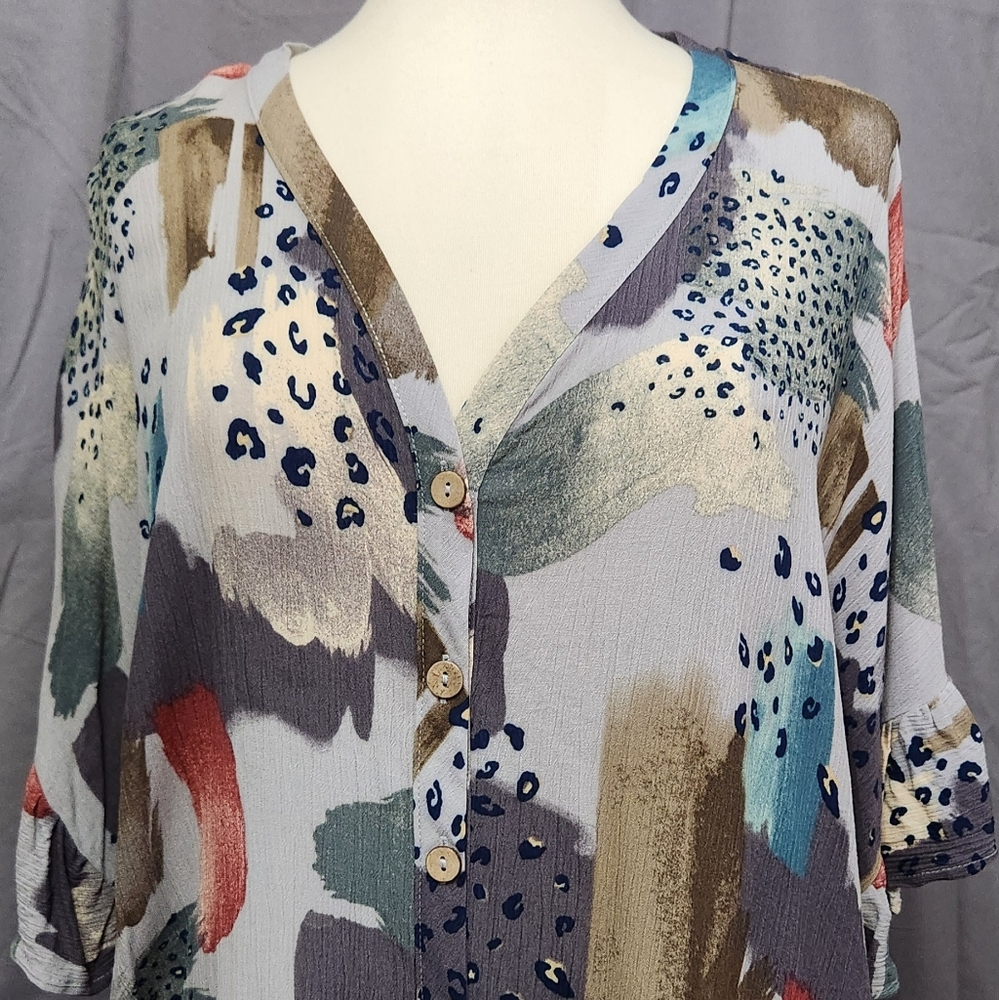 ODDY Embrace Vibrant Abstract Style Colorful Print Button-Down Women's Blouse